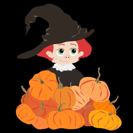 Cute girl with red hair in big witch hat with pumpkins. Child cartoon character. Autumn harvest or Halloween vector.のイラスト素材