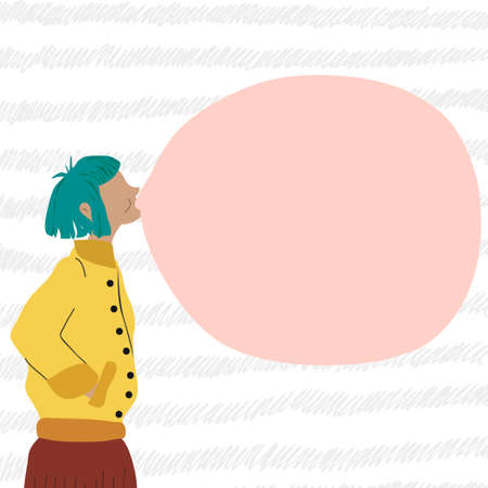 Girl with pink chewing gum bubble. Young woman making gum balloons. Space for text. Female character.のイラスト素材