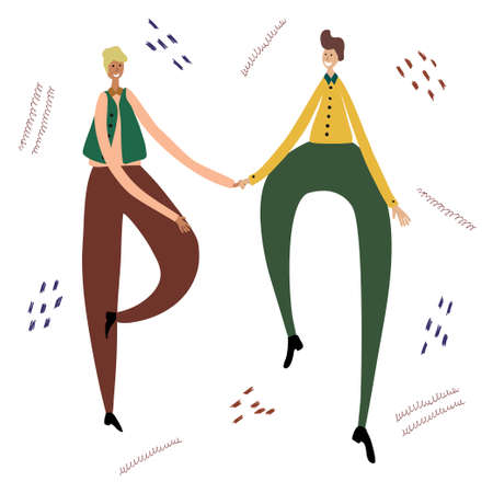 Young dancing, jumping or celebration people. Happy boys, couple dancers isolated. Smiling men enjoying dance party.のイラスト素材