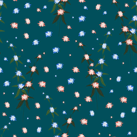 Floral blossom seamless pattern. Trendy colorful vector texture. Hand drawn small flowers on blue...