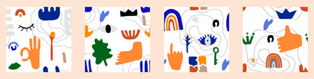 Big set seamless pattern hand drawn shapes. Abstract contemporary colorful various arm, rainbow and...