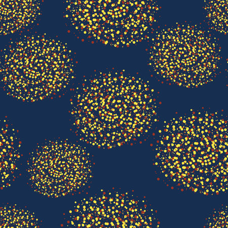 Color vector texture. Abstract polka dot seamless pattern. Yellow and red polka dots on blue...