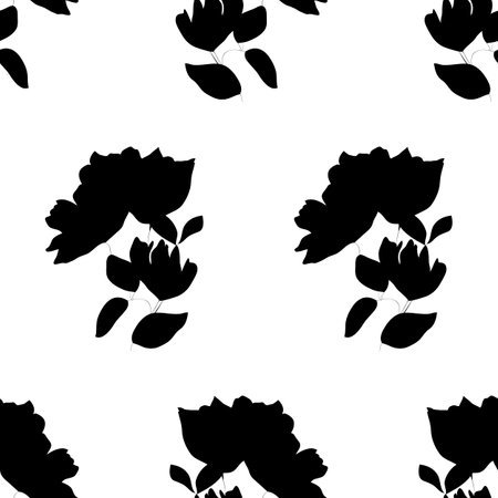 Monochrome floral seamless pattern. Hand drawn silhouette flowers and leaves scattered random on white backgroundのイラスト素材