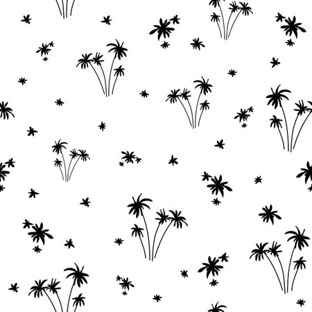 Silhouettes herbarium monochrome floral seamless pattern. Wild branches, flowers, palms scattered random.のイラスト素材
