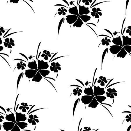 Monochrome floral seamless pattern. Hand drawn silhouette wild flowers and leaves scattered random on white backgroundのイラスト素材