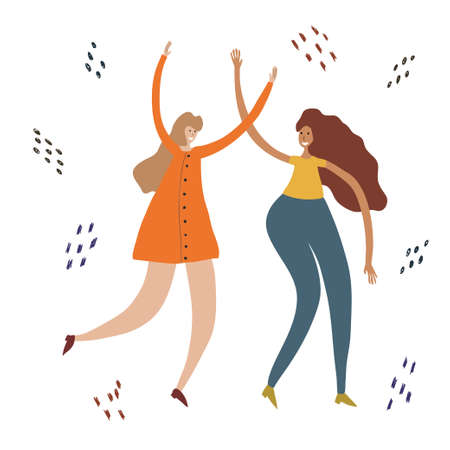 Young dancing, jumping or celebration people. Happy couple girl dancers. Smiling women enjoying dance party.のイラスト素材