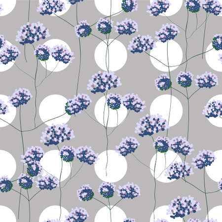 Floral blossom seamless pattern. Hand drawn blue flowers on branches sketch drawing on grey polka dotted backgroundのイラスト素材