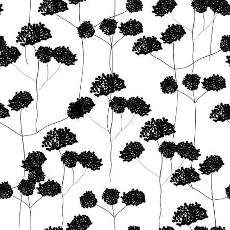 Trendy black and white vector texture. Monochrome floral seamless pattern. Hand drawn silhouette wild flowers on whiteのイラスト素材