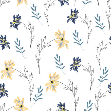 Floral blossom seamless pattern. Randomly scattered blooming botanical motif. Hand drawn flowers on...