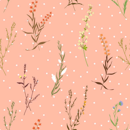 Floral blossom seamless pattern. Randomly scattered blooming botanical motif. Hand drawn flowers on branches sketch drawing on white polka dotted background. Color vector illustration on pinkのイラスト素材