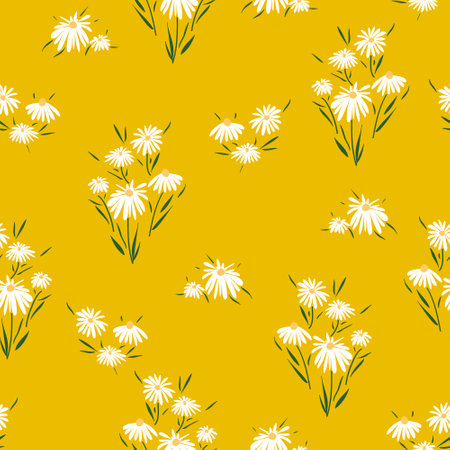 Blossom floral seamless pattern with daisy. Botanical motifs scattered random. Hand drawn flower on yellow backgroundのイラスト素材