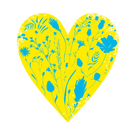 Pray for Ukraine. Heart shaped Ukrainian national flag with wild flowers. Vector illustration. Peace and freedom.のイラスト素材