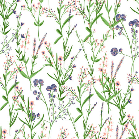 Floral seamless pattern. Trendy blossom colorful vector texture. Blooming botanical motifs scattered random. Fashion, ditsy print. Hand drawn different color wild meadow flowers on white background. Vector illustrationのイラスト素材