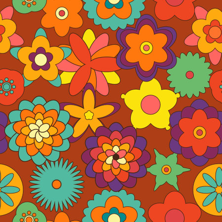 Seamless Pattern in Retro 1970 Peace Style. Floral Seventies Background. Groovy Flowers. Hand Drawn Vector Illustration. Trendy Texture Designed for fabric, textile, printing. Vector illustrationのイラスト素材
