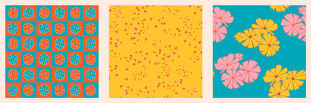 Set of Seamless Pattern in Retro 1970 Peace Style. Floral Seventies Background Collection. Hand...