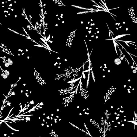 Silhouettes herbarium monochrome floral seamless pattern. Hand drawn unique wild branches, leaves, flowers scattered random. Botanical vector wallpaper illustration on black. Vector illustrationのイラスト素材