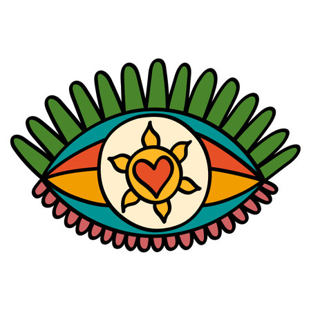 Rainbow Evil Eye in 70s or 60s Retro Trippy Style. Love, Peace, Rainbow 1970 Icon. Seventies Groovy Flowers. Cartoon Childish Hand Drawn Vector Illustrationのイラスト素材