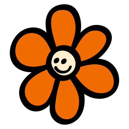 Smiley Daisy in 70s or 60s Retro Trippy Style. Smile Flower 1970 Icon. Seventies Groovy Flowers. Cartoon Character Hand Drawn Vector Illustration.のイラスト素材