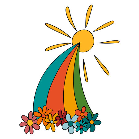 Rainbow with Flowers and Sun in 70s or 60s Retro Trippy Style. Weather Funny 1970 Icon. Seventies Groovy Flowers. Cartoon Childish Hand Drawn Vector Illustration. Vector illustrationのイラスト素材