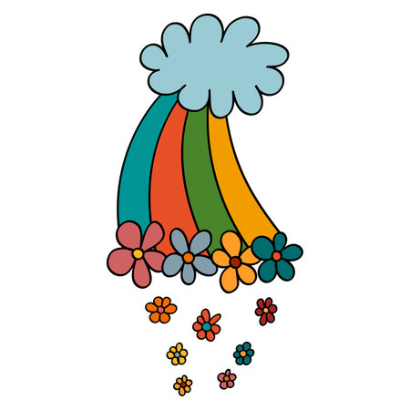 Rainbow with Flowers and Cloud in 70s or 60s Retro Trippy Style. Weather Funny 1970 Icon. Seventies Groovy Flowers. Cartoon Childish Hand Drawn Vector Illustration.のイラスト素材