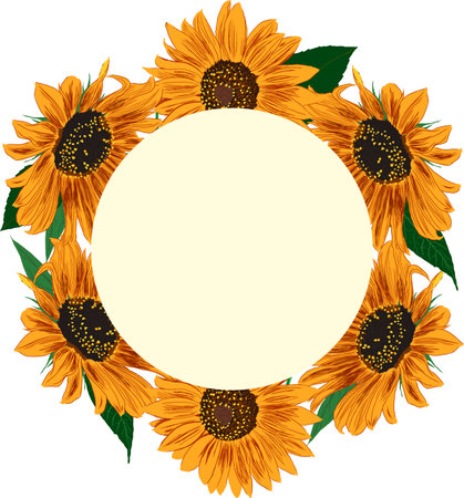 Frame of Sunflowers and Leaves. Bright Colorful artistic Border with Flowers. Hand Drawing Floral Illustration. Element for different social media design. Vector Illustration Isolated on White.のイラスト素材