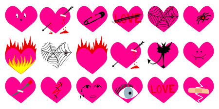 Different Hearts in Retro Y2K style. Isolated Love Icons Set. Hand Drawing Punk, Goth, Rock or Emo Elements Collection. Vintage Sketch Drawn Heart. Vector illustrationのイラスト素材