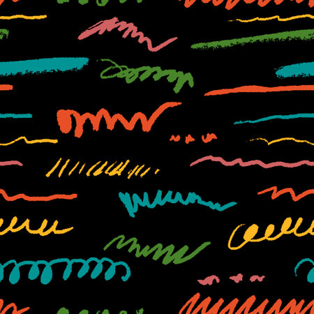 Scribbles seamless pattern. Hand drawn colorful pencil curly lines. Marker drawing squiggles, strokes vector illustration. Paint brush sketches. Scrawl textured freehand wallpaper. Kids background.のイラスト素材