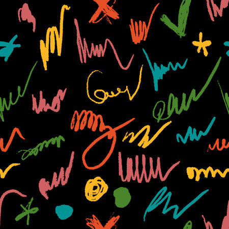 Scribbles seamless pattern. Hand drawn colorful pencil curly lines. Marker drawing squiggles, strokes vector illustration. Paint brush sketches. Scrawl textured freehand wallpaper. Kids background.のイラスト素材