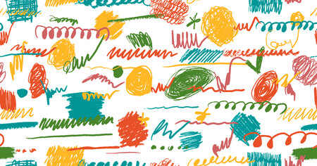 Scribbles seamless pattern. Hand drawn colorful pencil curly lines. Marker drawing squiggles, strokes vector illustration. Paint brush sketches. Scrawl textured freehand wallpaper. Kids background.のイラスト素材