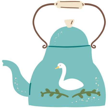 Cottagecore Aesthetic Teapot. Hand drawn cartoon vintage kitchen tool. Retro coffee or tea pot, kettle decorative ceramic. Householding element. Cozy cute hygge vector illustration isolated on whiteのイラスト素材