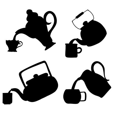 Teacup and Teapot pouring collection. Hand drawn cartoon vintage kitchen tools set. Retro coffee, tea pot and cup pour, kettle ceramic. Householding elements. Silhouette vector illustration isolated.のイラスト素材