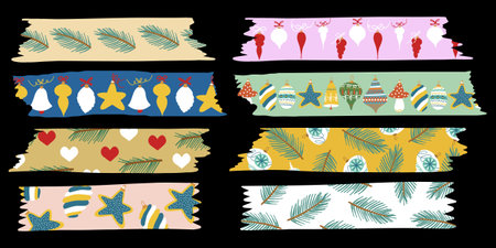 Christmas Torn Washi Tape Collection. Colorful Washitape Xmas Set. Different pieces of paper in retro style. New year winter scrapbook stripes, sticky tags, scotch strip. Isolated Vector Illustration.のイラスト素材