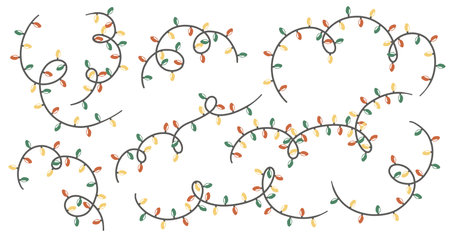 Christmas Garland Decoration. Color Lamp Lights String. Light Xmas bulbs. Cartoon colorful hand drawn vector illustration isolated on white backgroundのイラスト素材