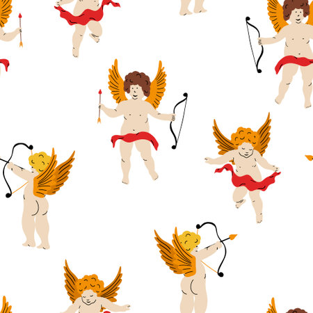 Cupid with bow and arrow. Valentine day seamless pattern. Hand drawn cartoon cute wallpaper in retro vintage style. Amur Boy. God eros. Love flying angel Valentines Day background vector illustrationのイラスト素材