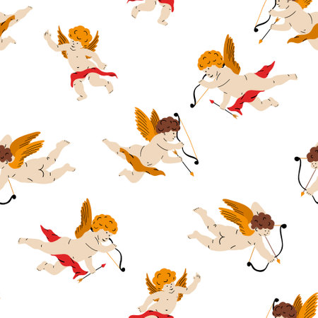 Cupid with bow and arrow. Valentine day seamless pattern. Hand drawn cartoon cute wallpaper in retro vintage style. Amur Boy. God eros. Love flying angel Valentines Day background vector illustrationのイラスト素材