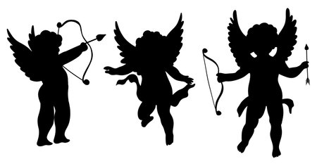 Silhouette Cupid with bow and arrow. Valentine day collection. Hand drawn cartoon cute elements in retro vintage style. Amur Boy or god eros. Love flying angel Valentines Day vector illustration.のイラスト素材