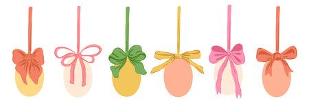 Easter Eggs with Coquette Bow Ribbon. Hanging Easter Egg Garland or Border. Cute Aesthetic Colorful Holiday Vector Illustration. Hand Drawn Childish Kids Cartoon Style. Isolated on White Backgroundのイラスト素材