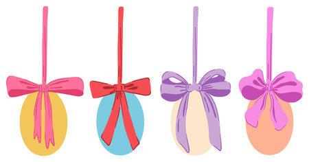 Easter Eggs with Coquette Bow Ribbon. Hanging Easter Egg Garland or Border. Cute Aesthetic Colorful Holiday Vector Illustration. Hand Drawn Childish Kids Cartoon Style. Isolated on White Backgroundのイラスト素材