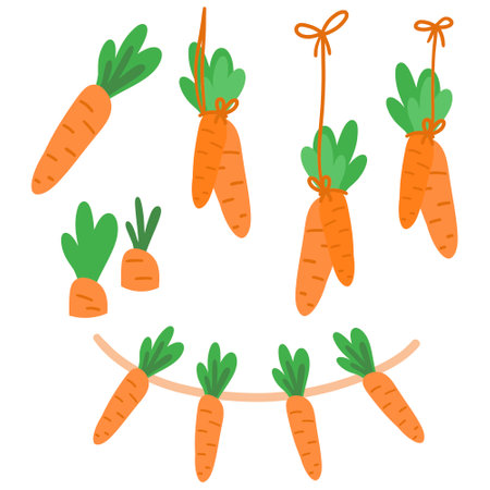 Set of carrots. Cute cartoon carrot collection. Hanging vegetables, garland or border, growing decorative elements. Vector illustration isolated on white background.のイラスト素材