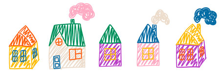 Kids house doodle drawings set. Collection freehand child baby drawn elements. Hand drawing home building scribble. Vector illustration isolated on white backgroundのイラスト素材