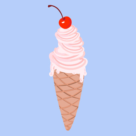 Ice cream. Summer sweetness. Milk vanilla pink dessert with cherry in waffle cone. Hand drawn isolated vector illustration. Party, birthday, kids celebration designのイラスト素材