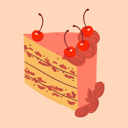 Cherry cake slice. Sweet tasty pink cake. Red color cream decoration. Retro vintage style trendy food. Hand drawn isolated vector illustration. Party, birthday, wedding, anniversary celebration designのイラスト素材