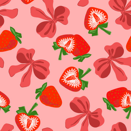 Strawberries and coquette ribbon bow seamless pattern. Sweet strawberry, pastel bow. Aesthetic wallpaper in trendy retro vintage style. Cute hand drawing cartoon vector illustration isolated on pink.のイラスト素材