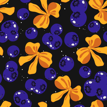 Blueberries and coquette ribbon bow seamless pattern. Sweet blueberry and yellow bow. Aesthetic wallpaper in trendy retro vintage style. Cute hand drawing cartoon vector illustration isolated on blackのイラスト素材