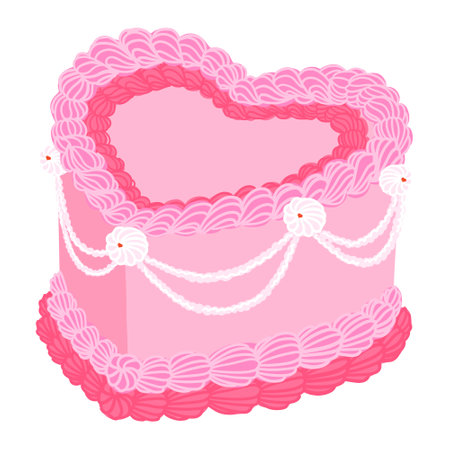 Vintage cake heart shape. Sweet tasty pink cake with cream decoration. Retro trendy style food. Hand drawn isolated vector illustration. Party, birthday, anniversary, valentines celebration designのイラスト素材