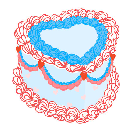 Cake heart shape. Sweet tasty blue cake with red, pink hearts color cream decoration. Retro trendy...