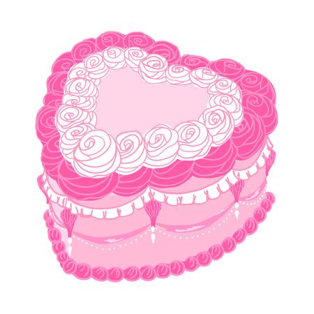 Vintage cake heart shape. Sweet tasty pink cake with cream decoration. Retro trendy style food. Hand...