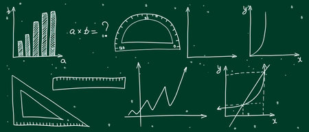Mathematics set. Hand drawn math geometry, algebra elements. School green board with sketch symbols icon in flat style. Education concept. Isolated vector illustrationのイラスト素材
