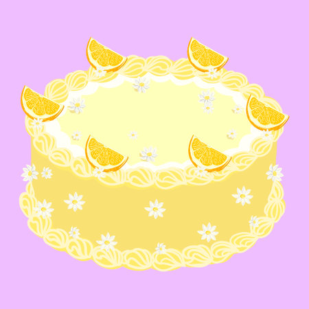 Orange floral cake. Sweet tasty flower pie. Yellow pastel cream decoration. Retro trendy style food....