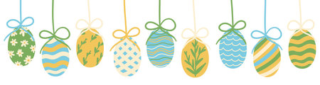 Easter Eggs with Bow Ribbon. Hanging Painted Easter Egg Garland or Border. Cute Aesthetic Kids Colorful Holiday Vector Illustration. Hand Drawn Childish Cartoon Style. Isolated on White Background.のイラスト素材